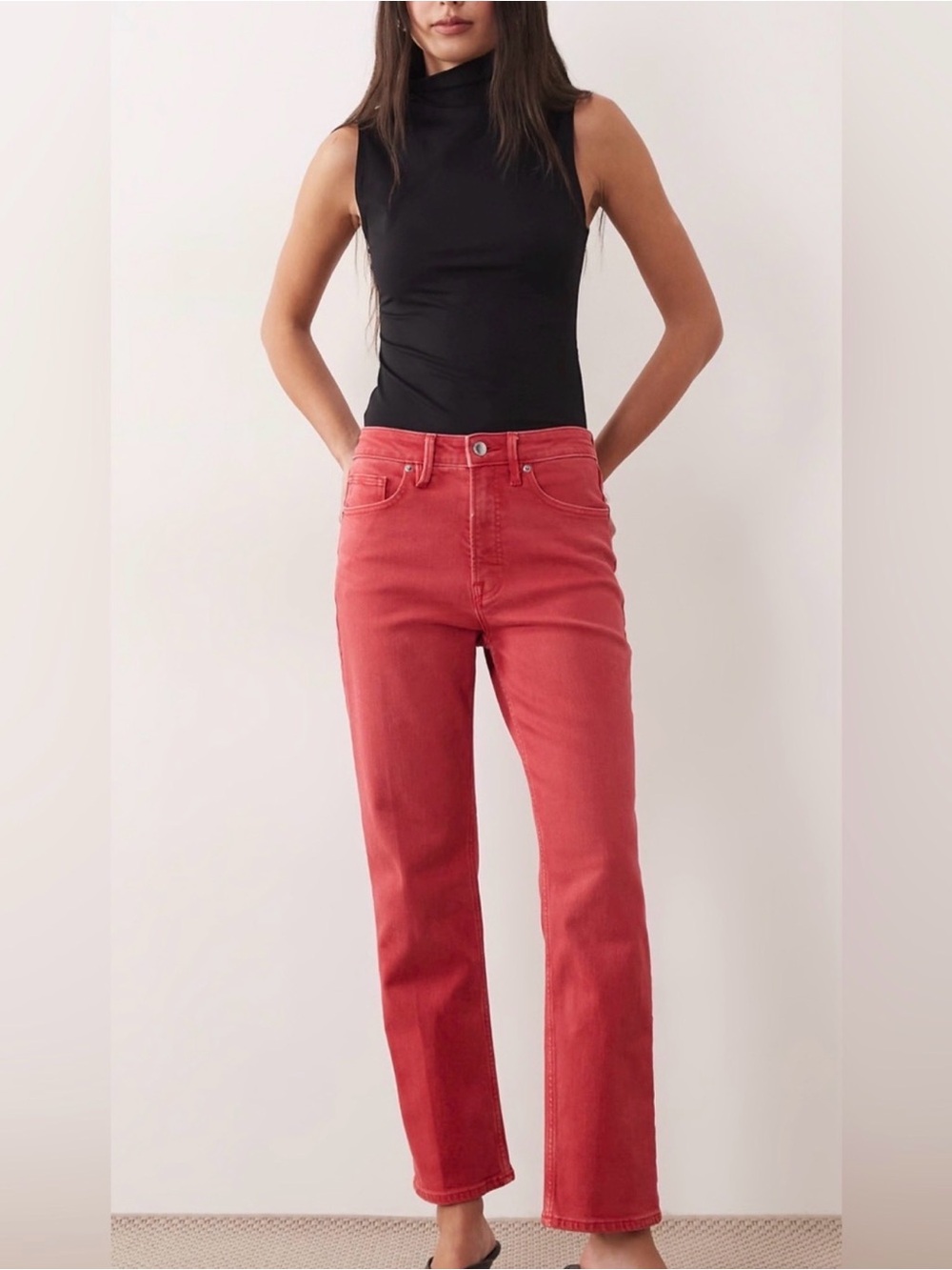 Good American Cherry Red Good Icon Straight Ankle Jeans